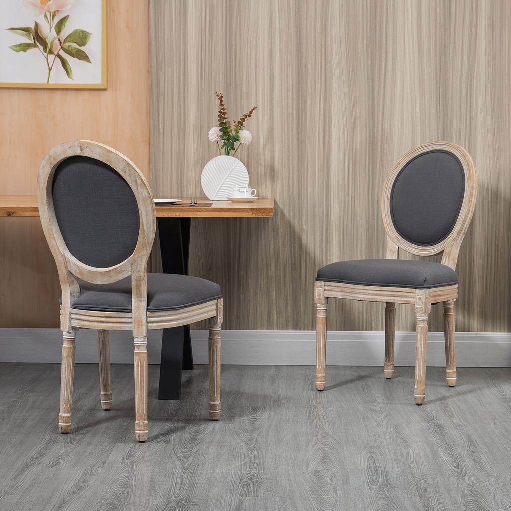 Dining Chairs, Set of 2, Louis XVI Medallion, Linen-Effect Upholstered Seat and Back, Grey