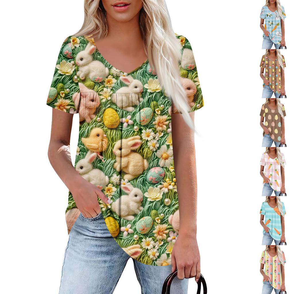 Ladies' Casual V-neck Short Sleeved Shirt With Pleated Easter Print On The Chest
