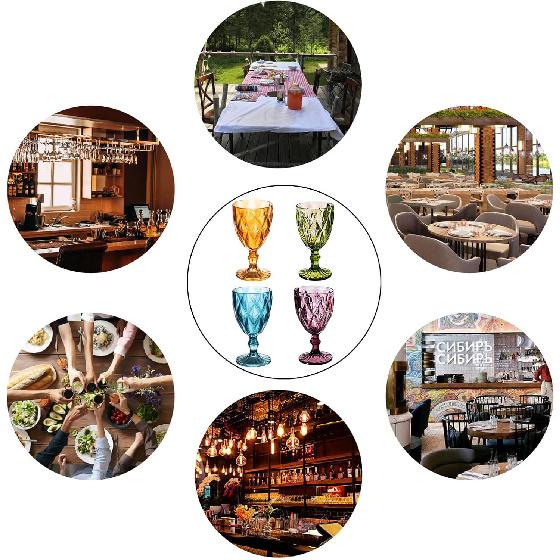 Vintage Wine Glasses Set of 4, Plastic Reusable 12 Ounce Colored Water Goblets, Unique Embossed Pattern Unbreakable Stemmed Wine Glasses, High Clear