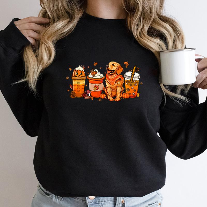 Fall Pumpkin Coffee Golden Retriever Print Sweatshirts Autumn Winter Long Sleeve Round Neck Pullovers Casual Hoodless Sweatshirt