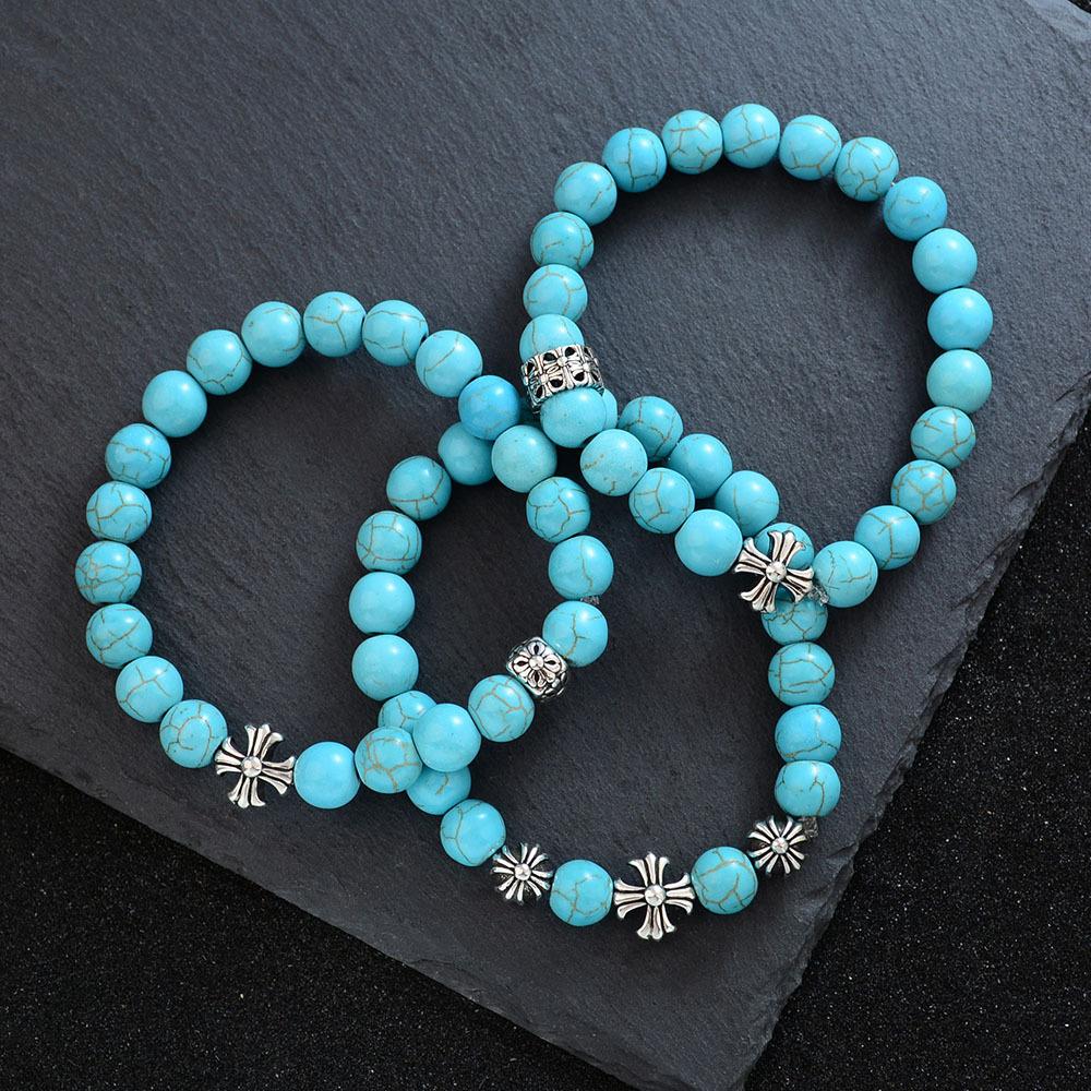 Turquoise Cross Bracelet, Retro Ethnic Style, Trend Temperament, High-End Elastic Rope Bracelet.