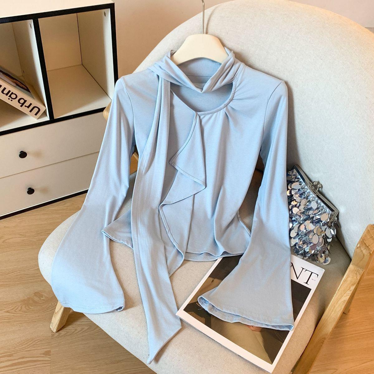 

Korean Ruffle Ribbon Long Sleeve T-shirt with Bow Tie Strap L светло-синий