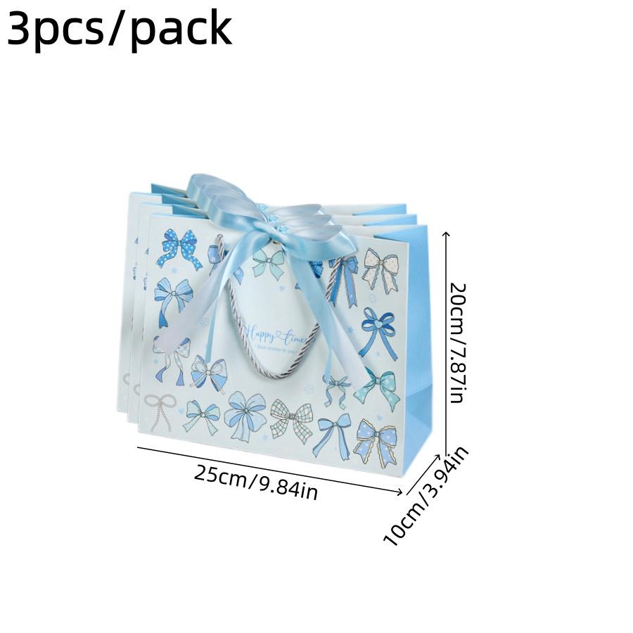 3pcs/pack Gift Paper Bags Pink Blue Bow Ribbon Handle Kraft Paper Party Present Packaging Bags for Birthday Wedding Baby Shower