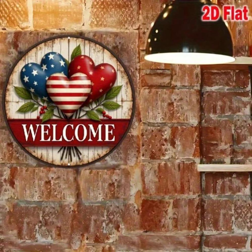 USA Patriotic Heart Welcome Sign Outdoor Door Decor Rustic Weatherproof Metal Art