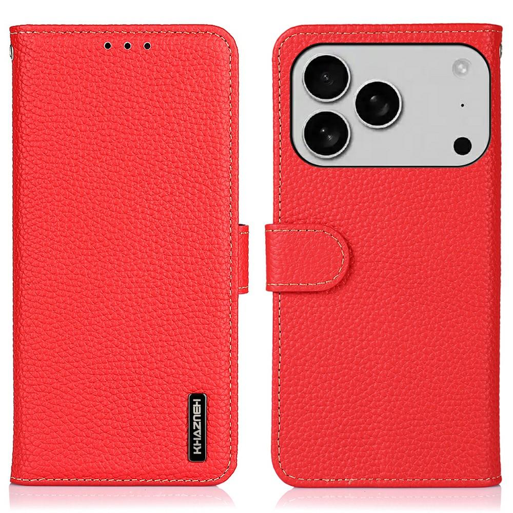 

KHAZNEH For iPhone 17 Pro Case Litchi Texture Genuine Cow Leather Flip Phone Cover Red