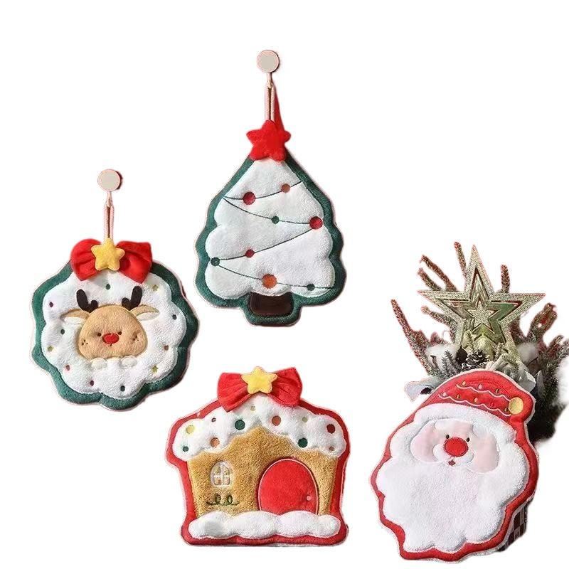 Christmas Coral Velvet Cleaning Towel Snowman Bathroom Hanging Hand Towel Absorbent Soft Dishcloth Kitchen Cleaning Cloth Rag