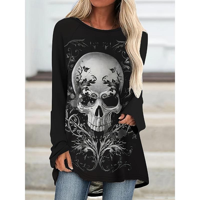 Women's Skull Pattern Printed Round Neck Long Sleeve T-shirt Fashion Casual Top Hoodie Clothing