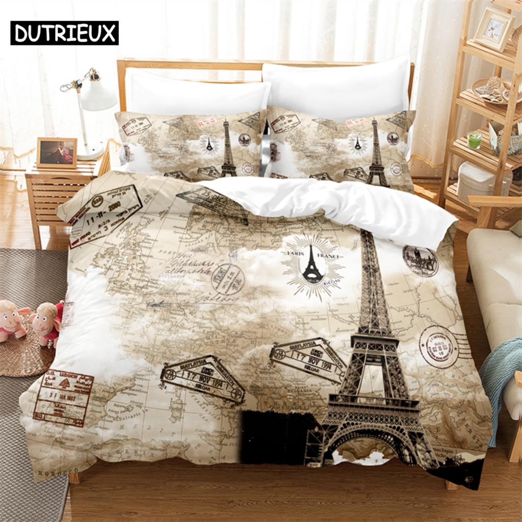 3D Digital-Printed Eiffel Tower-Themed Duvet Cover Set in Queen Size - Fashionable Bed Linen Design