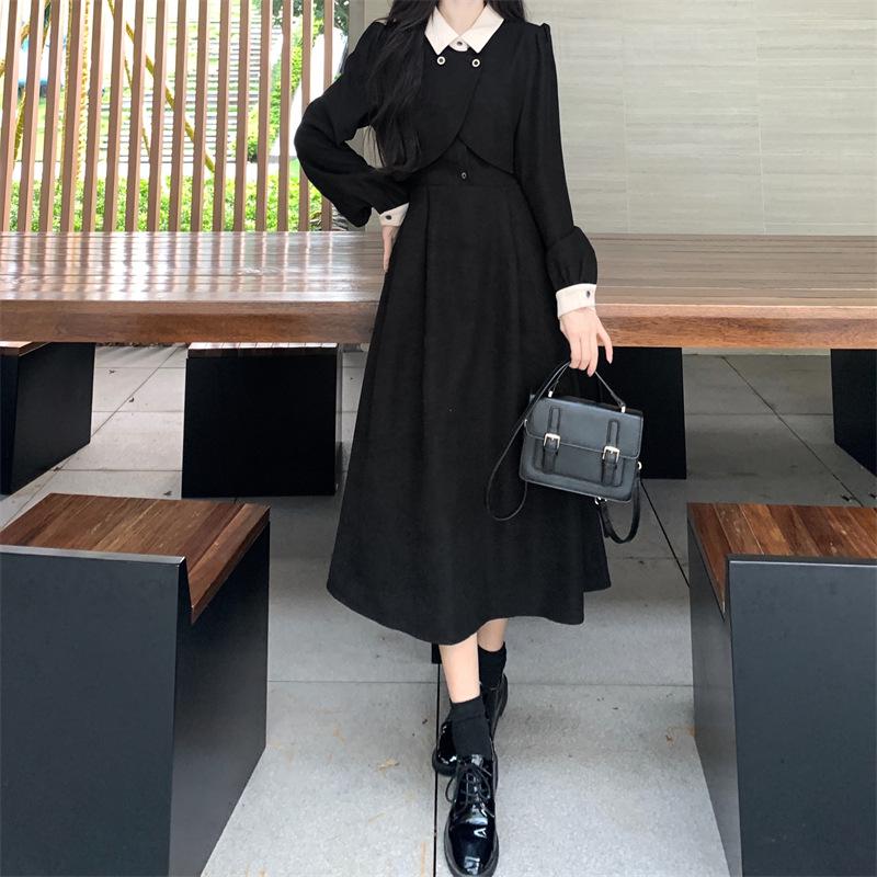 2025 Plus Size French Style Knee-Length Long-Sleeve Dress - Flattering Waist-Cinched Two-Piece Autumn/Winter Women's Apparel.
