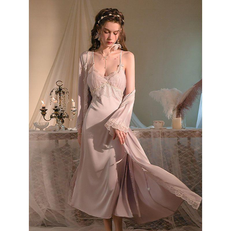 [Gentle Sweet Peach] French Style Purple Sling Nightdress Long Ankle Long Dress Split Ice Silk Pajamas With Chest Pad Women