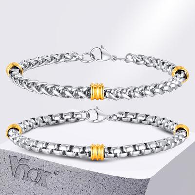 Vnox Personality Color Box Wheat Chain Bracelets,Mens Stainless Steel Links Wristband Golden Beads Tubes Charm Jewelry