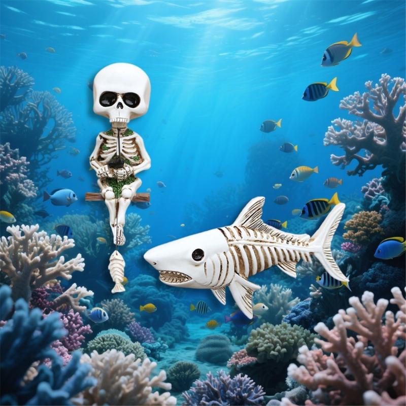 Pack Of 2 Skeleton Angler Shark Figurines Resins Ornaments Wall Mounted Gothic Decors For Interior Or Fish Tanks Theme