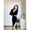 Women's Velvet V-Neck Midi Dress: Autumn/Winter 2026 High-End Goddess Style with Sexy Slit