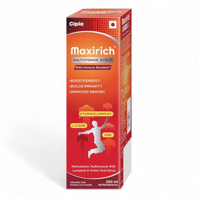 Cipla Maxirich Multivitamin Syrup 200ml Pack of 1 – Immunity & Energy Boost with Essential Vitamins