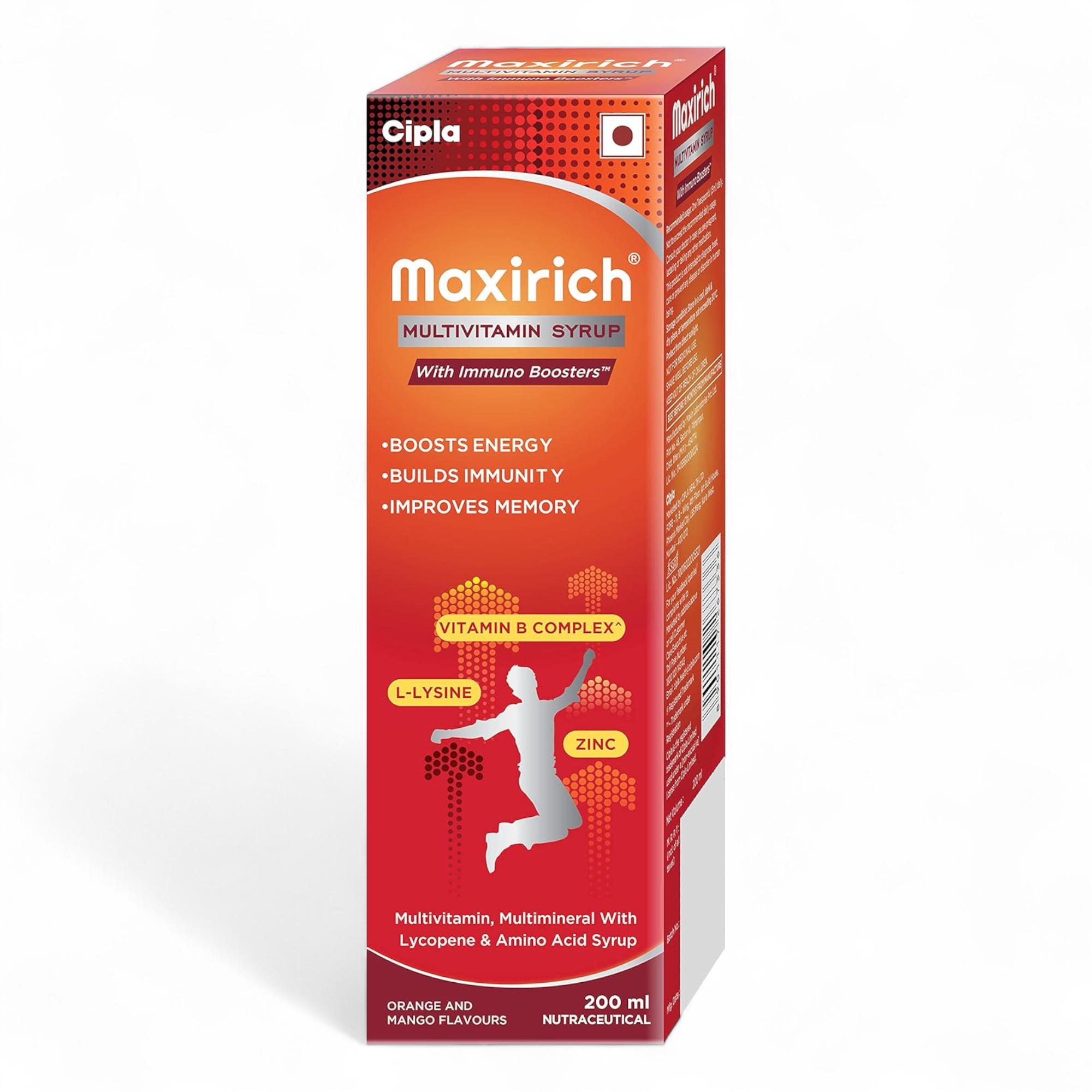 

Cipla Maxirich Multivitamin Syrup 200ml Pack of 1 – Immunity & Energy Boost with Essential Vitamins