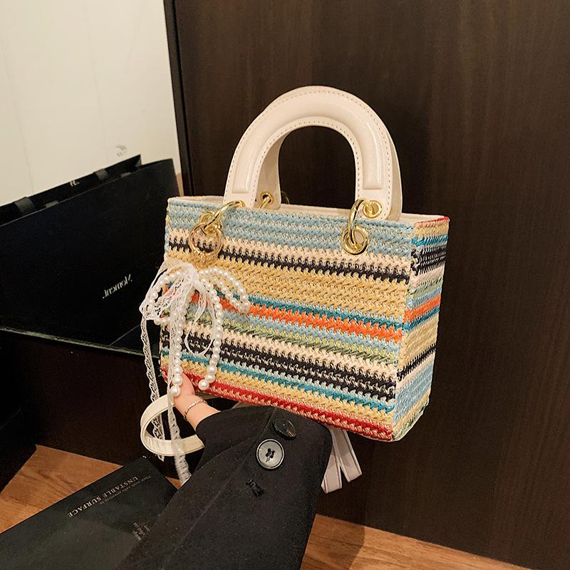 Rainbow Small Bag Portable Princess Diana Bag Women's New Summer Niche Contrasting Color Woven Messenger Bag