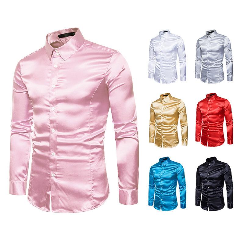 New Spring And Autumn Winter Men'S Solid Color Casual Shirt Men'S Fashion Trend Bright Face Collar Long Sleeve European Size Shirt