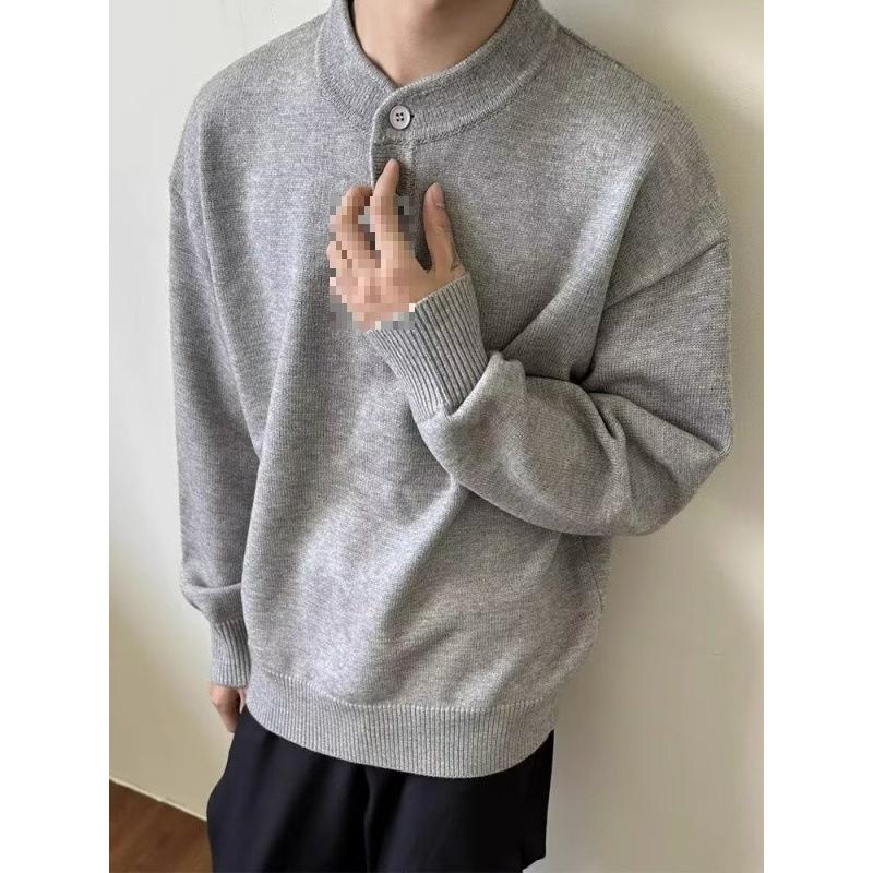 Grauer Henley-Kragen Pullover für Herren: Hochwertige Strickwaren für Frühling/Herbst, Lässiger Schnitt, Saubere Oberbekleidung.