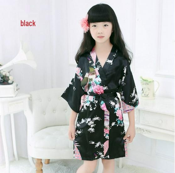 Girls' Silk Peacock Kimono Robe - Children's Nightgown Sleepwear Bathrobe