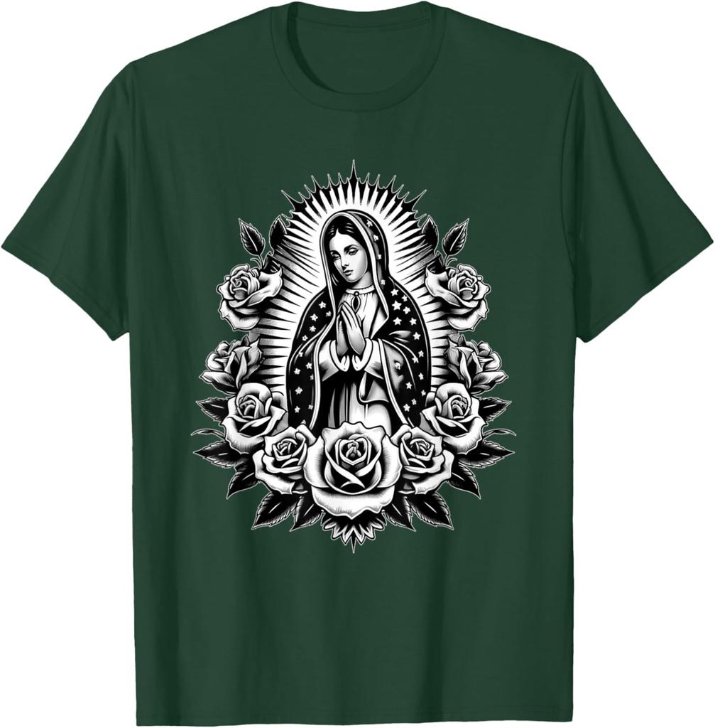 Virgin Mary Guadalupe Roses Graphic T-Shirt Religious Catholic Virginita Floral Print Tee Men Casual