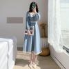 Women's French Retro Square Neck Blue Bellflower Dress - Autumn/Winter 2020 Slimming Fairy Style