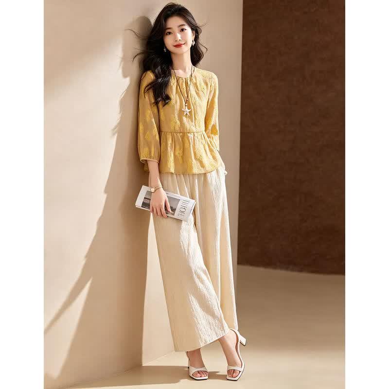 D.F.DEAR French Style Flower Embroidered Top & Wide-Leg Pants Set