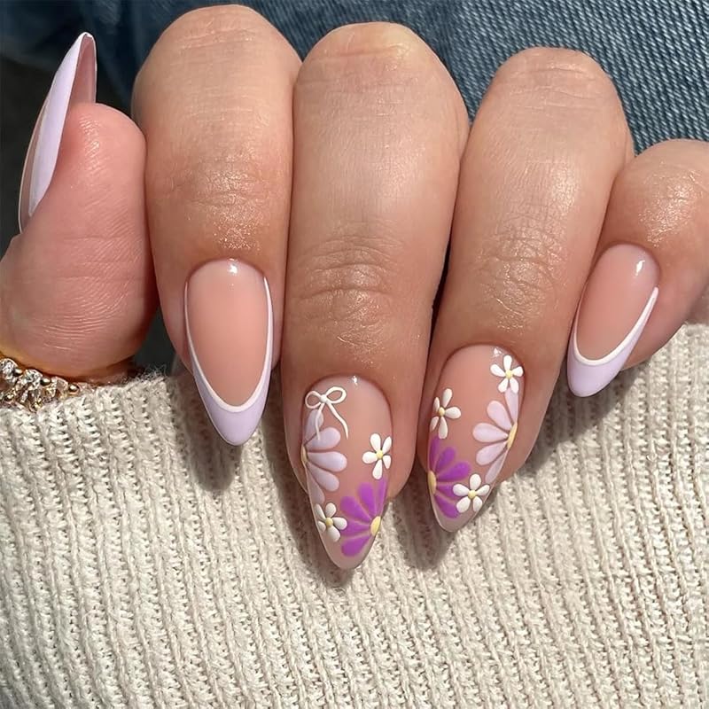 30 Pcs Orange Press on Nails Short Almond, YIHONGYAN Spring Reusable Fake Nails with 3D Flowers Gilded Design Acrylic Nail Kit Glue on Nails Full