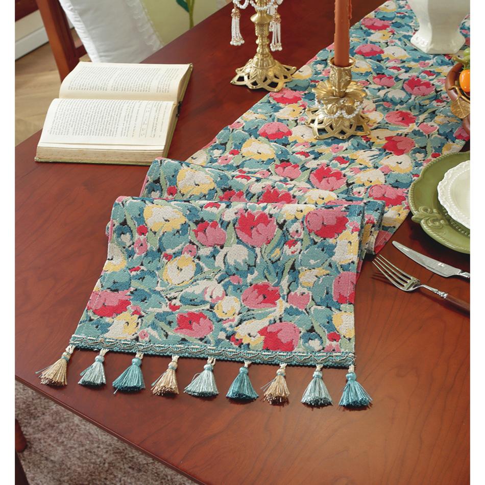 Europäischer Retro Garngefärbter Jacquard Quasten Tischläufer, Baumwoll-Leinen Tischläufer für Party Hochzeit Feste Weihnachten Dekoration