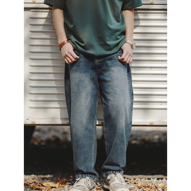 American vintage Cotton Distressed Wide Leg Loose Tapered Jeans Men's Straight Pants Foreign Trade Men's Casual Trousers