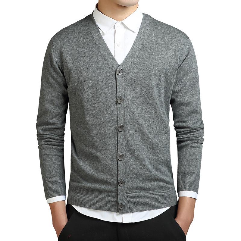 Men's Solid Color Knit V-Neck Cardigan Sweater - Spring/Autumn Business Outerwear