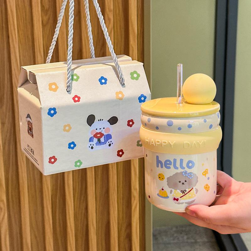Graduation Gift for Boys and Girls, High-value Mug, Cute Puppy Straw Cup, Children's Practical Souvenir Gift Box