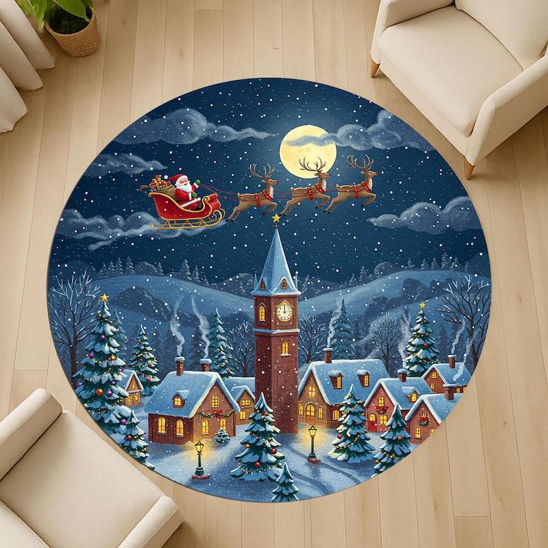 

Merry Christmas Round Doormat, Santa Sleigh & Reindeer Moonlit Sky Rug,Cozy Winter Village Carpet for Festive Holiday Home Decor Diameter 60cm
