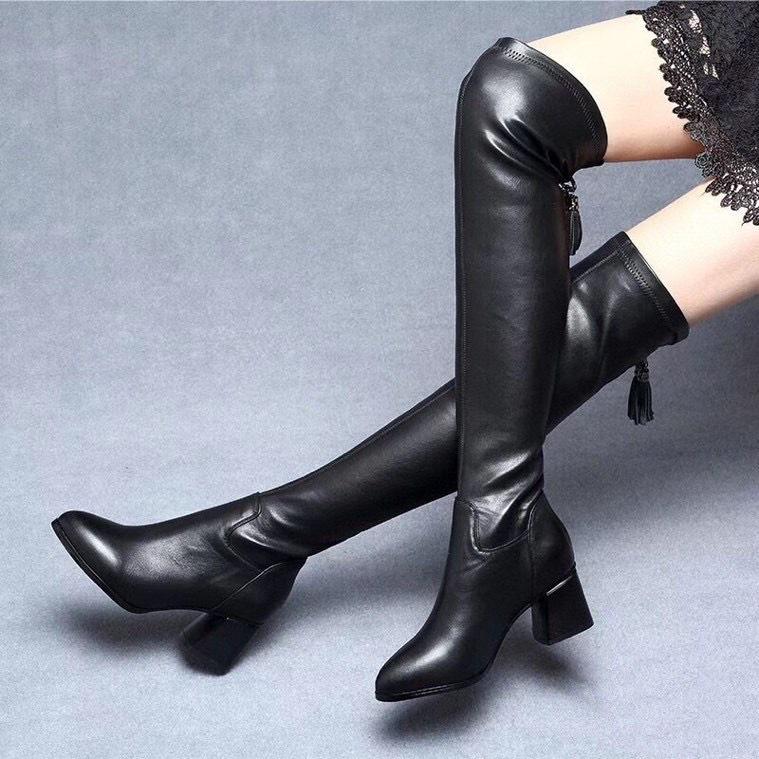 Over-knee boots women's new rear zipper boots first layer cowhide pointed high-heeled boots boots