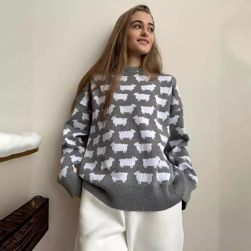 Lockerer Pullover mit Schafdruck Übergröße Damen O-Ausschnitt Langarm Damenpullover Herbst Winter Dick Warm Lässige Pullover