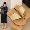 Grape Mother Same Holiday Style Metal Temperament Square Head Flats 2025 Summer Grass Woven Cover Toe Cool Slippers Women