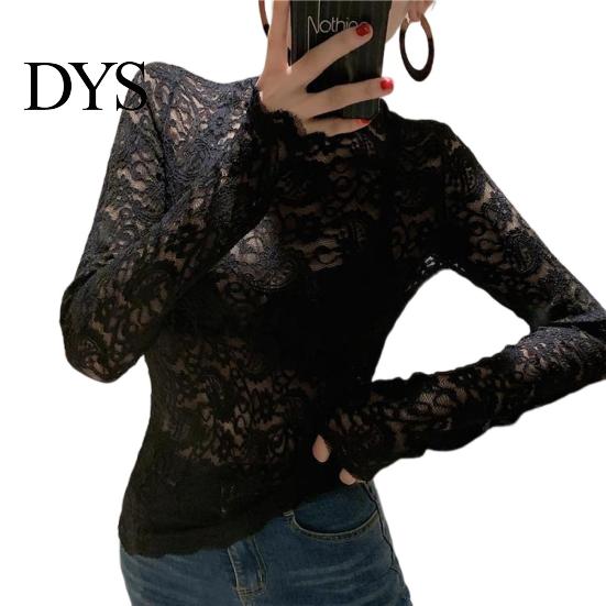 Tops Turtleneck Long Sleeves Perspective Thin Bottoming Top Blouse Women Embroidery Floral Crochet Lace Hollow
