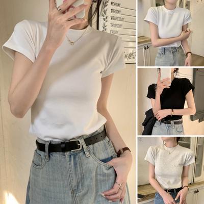 Women Slim Fit T-shirt O-neck Short Sleeve Pullover Tops Solid Color Stretchy Soft Tee Shirt Streetwear