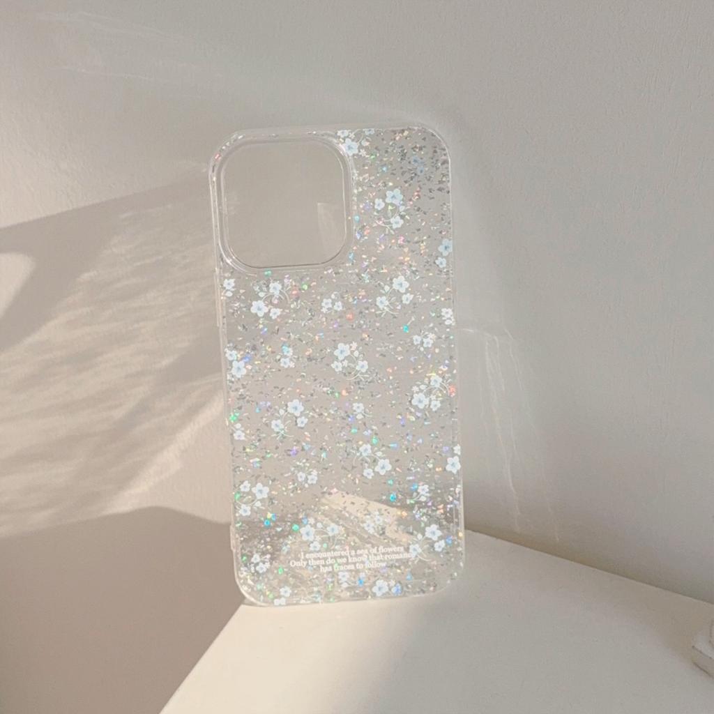 Gentle blue floral case suitable for Apple 16 Pro Max, 17 glitter, iPhone 15 transparent, 1312 elegant