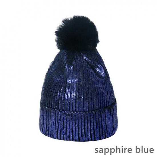 Women Warm Knitted Beanie Hat Cap Faux Fur Pom Pom Colored Ski Hip Hop Winter сапфир синий
