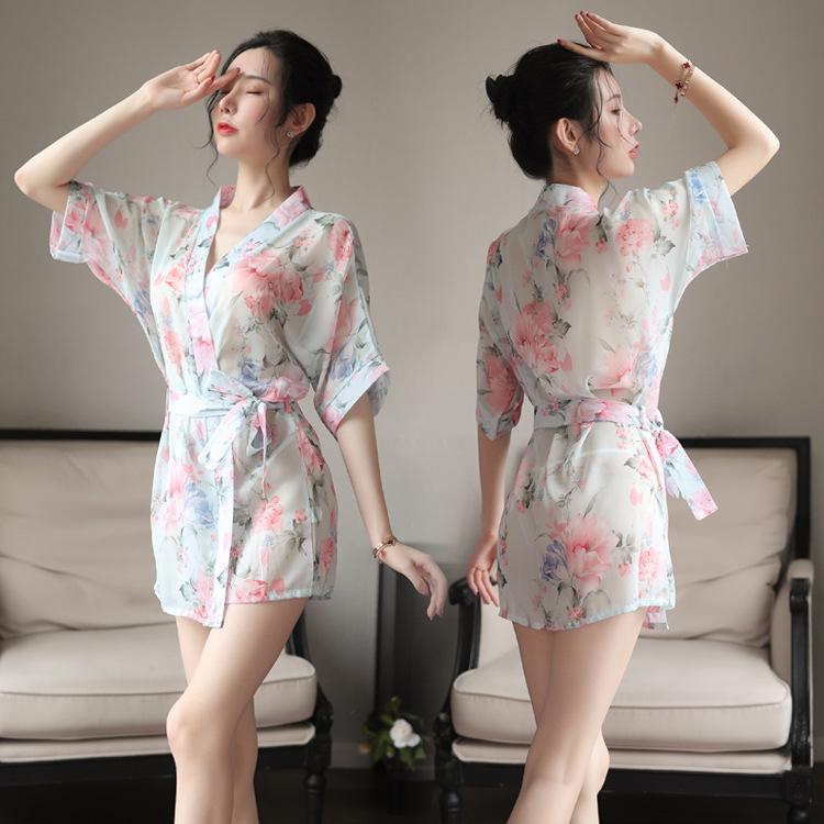 Set Sexy Kimono de Noapte din Șifon Imprimat - Lenjerie Transparentă de Inspirație Japoneză