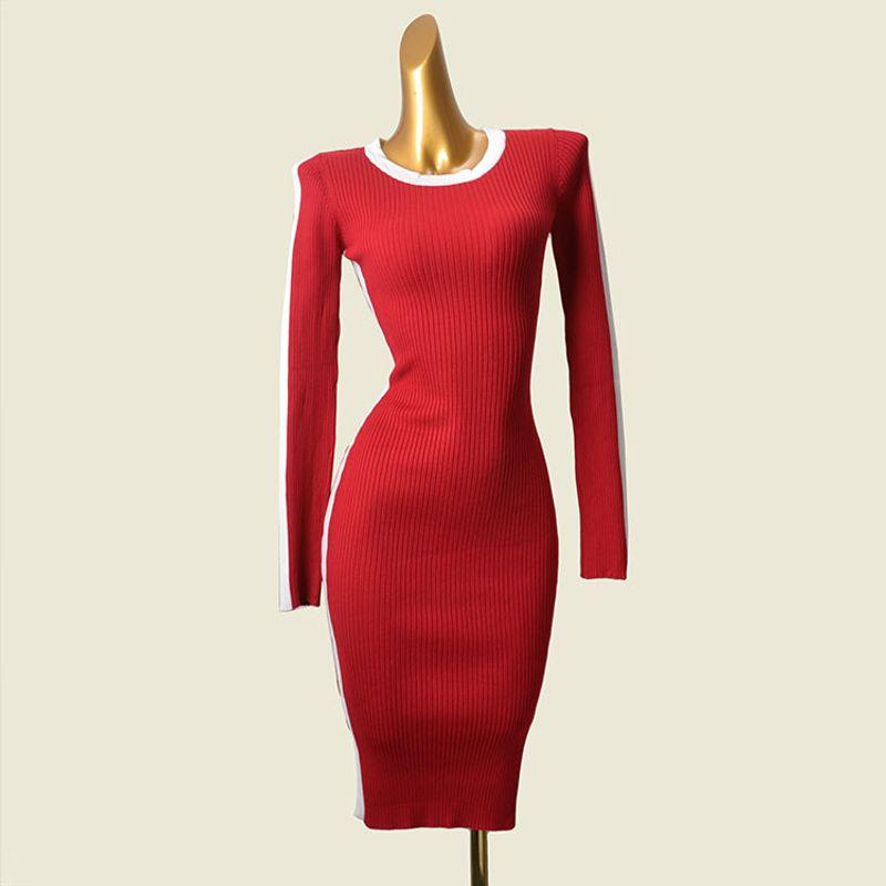 

Western Style Color Matching Knitted Long sleeve dress Autumn and Winter New Slim fit Elastic Bottoming Foreign Trade Hip Skirt Women Red XS