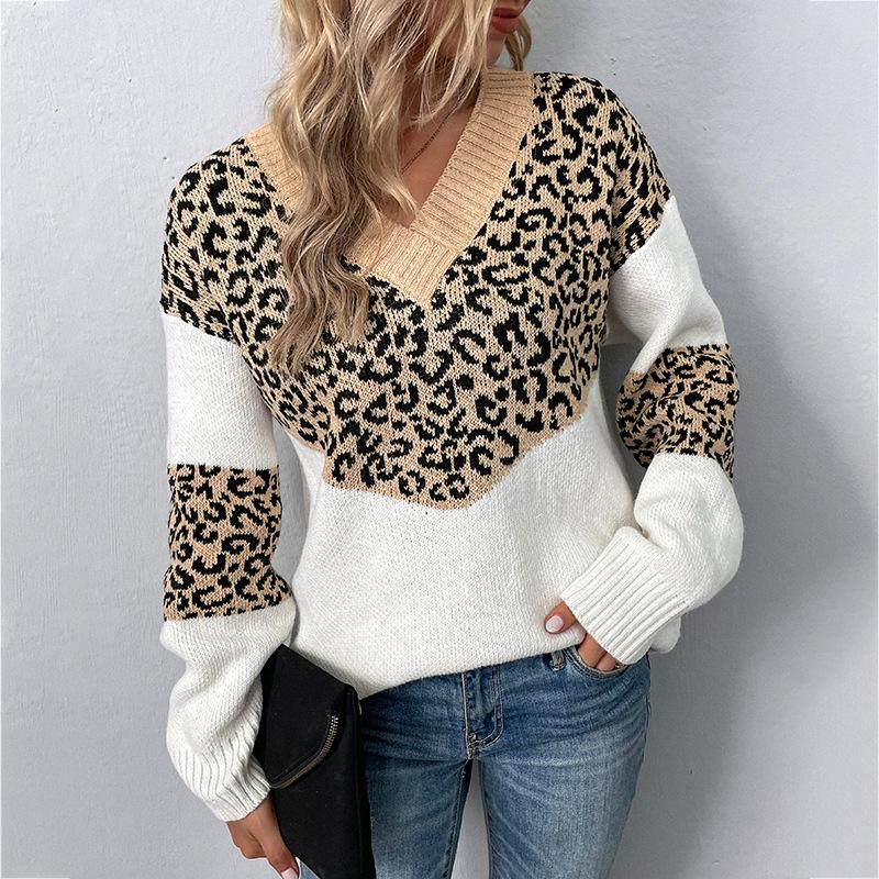 Autumn Winter Vintage Loose Long Sleeve Top Leopard Cardigan Knitwear V-Neck Sweater
