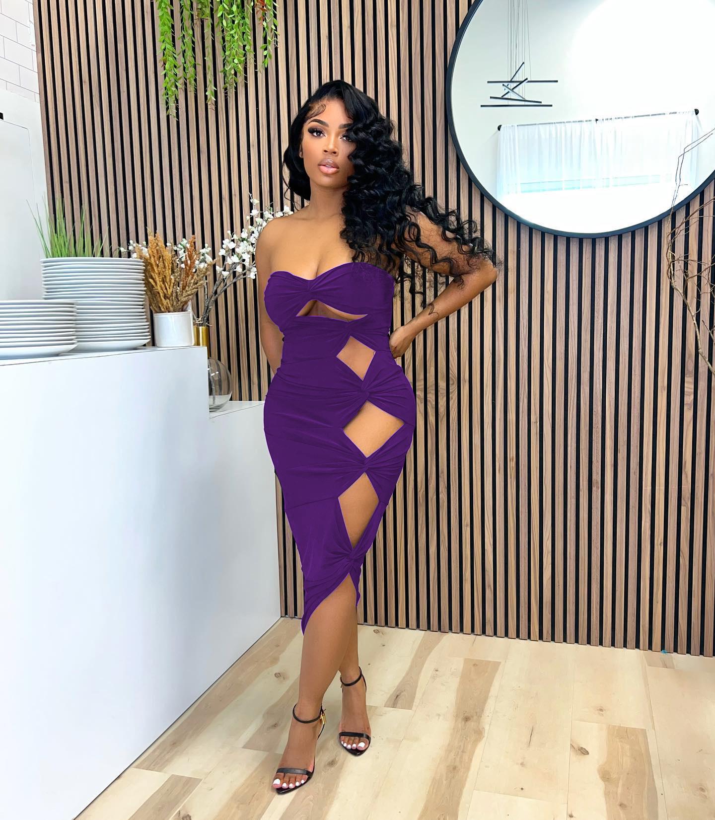 

European & American Style Solid Color Women s Dress - New Hot Selling Fashion M Фіолетовий