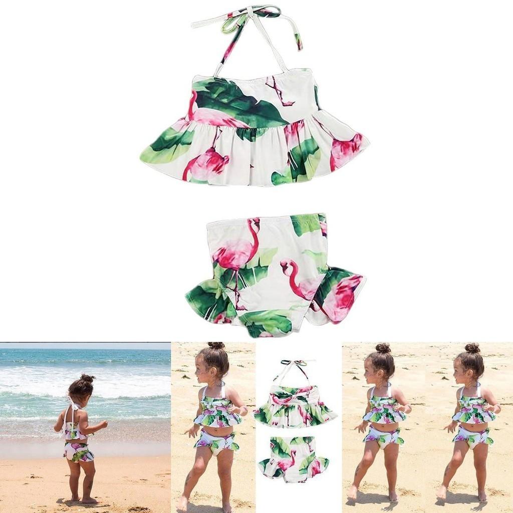 Charming 2pcs Girls Ruffle Floral Bikinis Set Featuring Adorable Flamingo Design