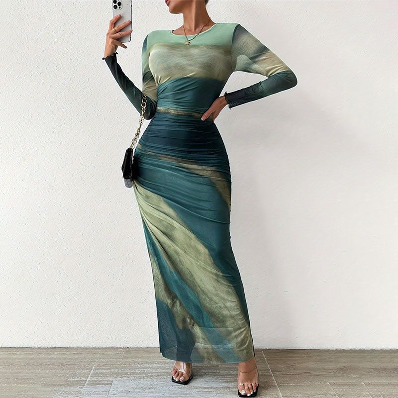 Pleated Round Neck Dress Fancy Women's Tie-Dye Ruched Silm round-Neck Long-Sleeved Dress