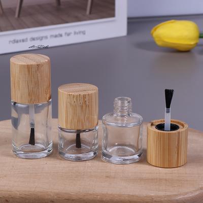 Cylindrical Glass Nail Oil Bottle 5/10/15ml with Solid Wood & Bamboo Cover Hair Brush Included Nail Glue Bottle Oil Container
