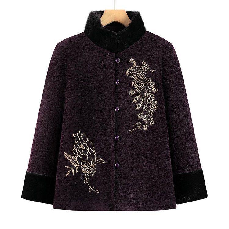 Embroidered Velvet-Lined Winter Jacket for Elderly Women - Cozy, Trendy Cotton Outerwear for Moms and Grandmas