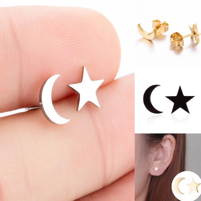 Asymmetrical Korean Moon and Star Stainless Steel Earrings