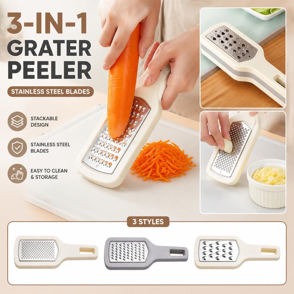 3 in 1 Stainless Steel Vegetable Peeler Grater Kitchen Tool Overlapping Design Multi-Functional Handheld Food Shredder for Home Use