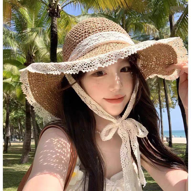 Lace Bow Straw Hat Women's Summer French Large Brim Sunscreen Hat Seaside Beach Vacation Sun Hat